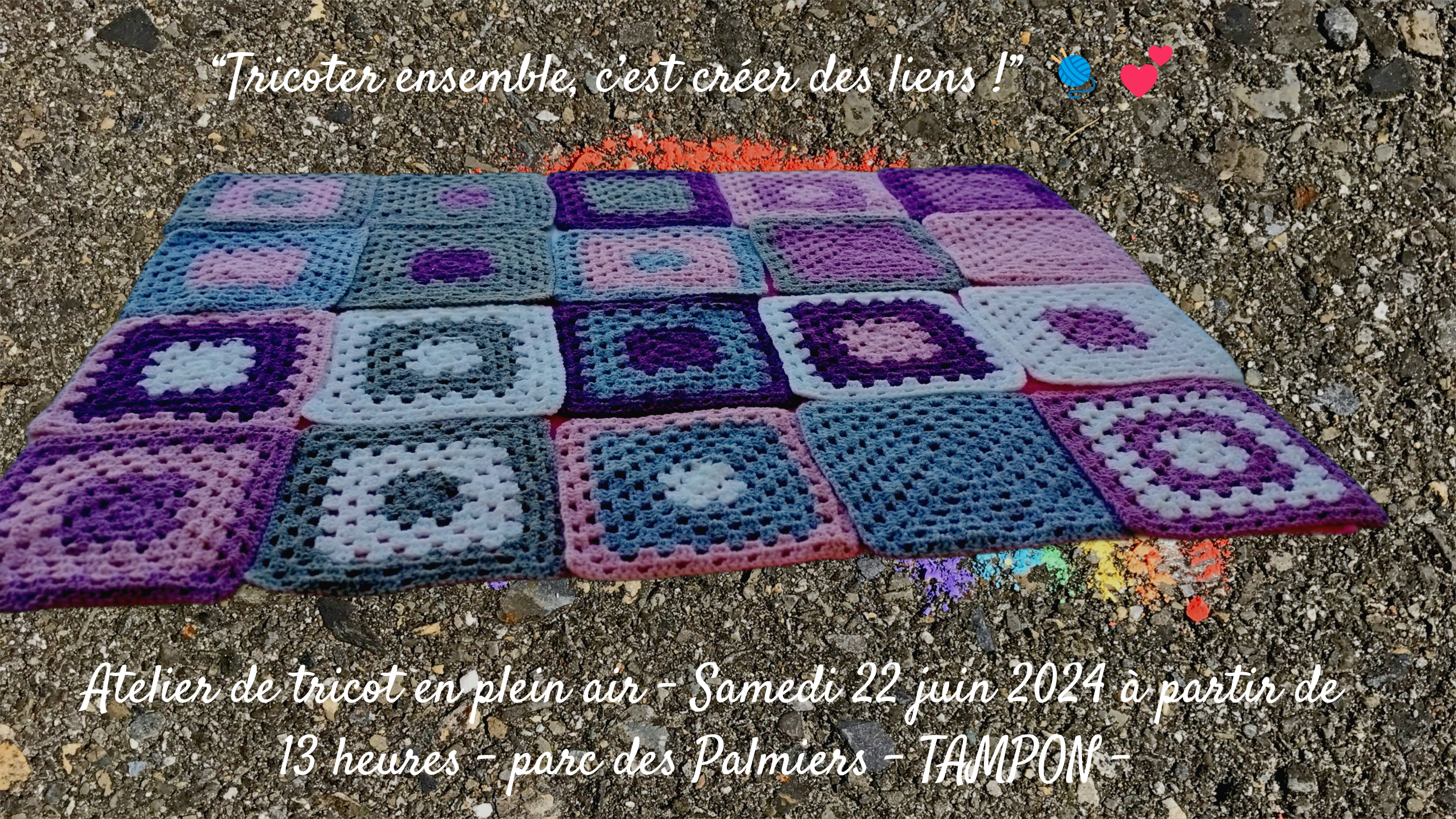 “Participez à notre atelier de tricot en plein air, organisé par l’association Handicap Solidaire. Découvrez le plaisir de créer des granny squares tout en profitant d’une ambiance conviviale avec café, thé et papotage. Préparez-vous à la journée mondiale de la SURDICECITE avec nous.”