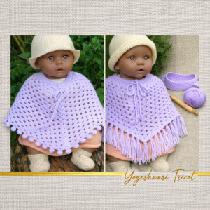 Poncho lavande artisanal au crochet, modèles pompons et franges, présenté sur fond lin naturel avec signature dorée Yogeshwari Tricot.